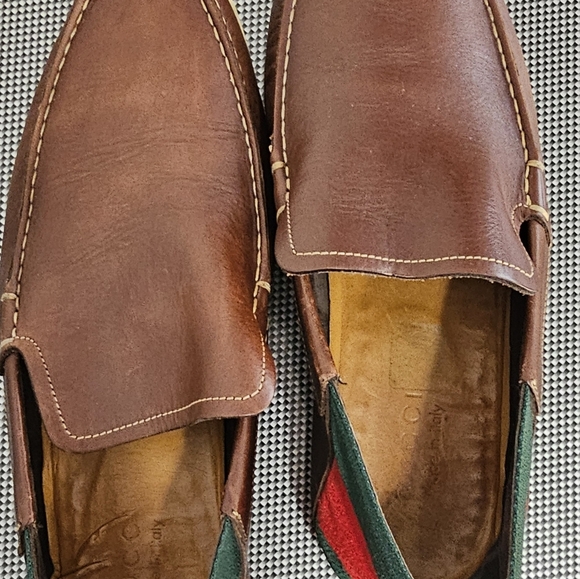 GUCCI BROWN LEATHER SLIP ON LOAFERS WITH GREEN + RED RIBBON HEEL SIZE-9, EUR-42 - Picture 8 of 11